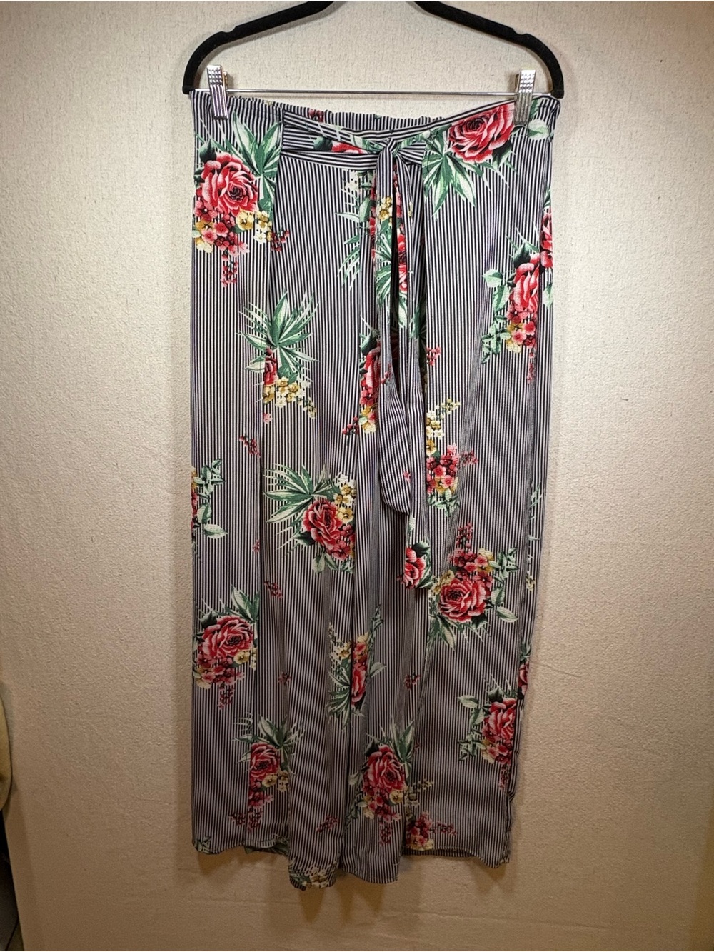 Floral Stripe Wide-Leg PPants with Tie Waist - Pink Floral